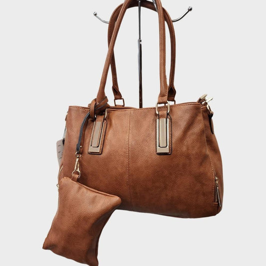 Tan handbag with multiple compartments