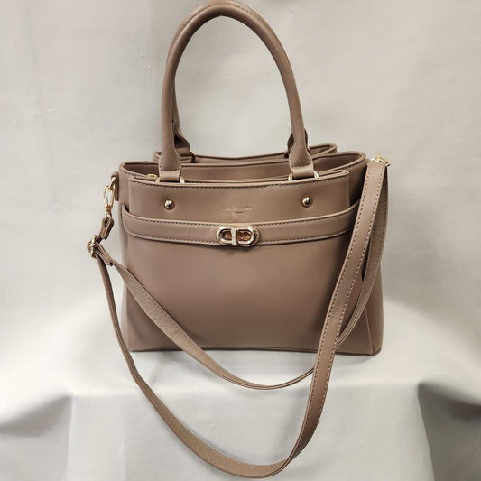 Taupe handbag with two top handles and a detachable strap