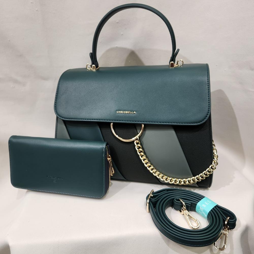 Teal green color graded handbag with wallet