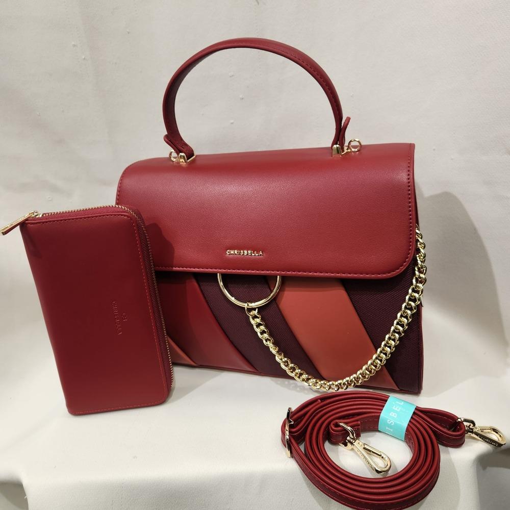 Alternative view of red color graded handbag with wallet