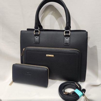 Black handbag with wallet and front zip pocket