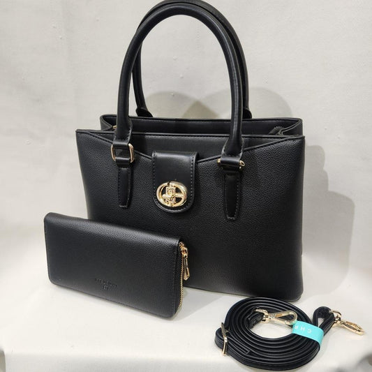 Dual pocket mid size black handbag with wallet