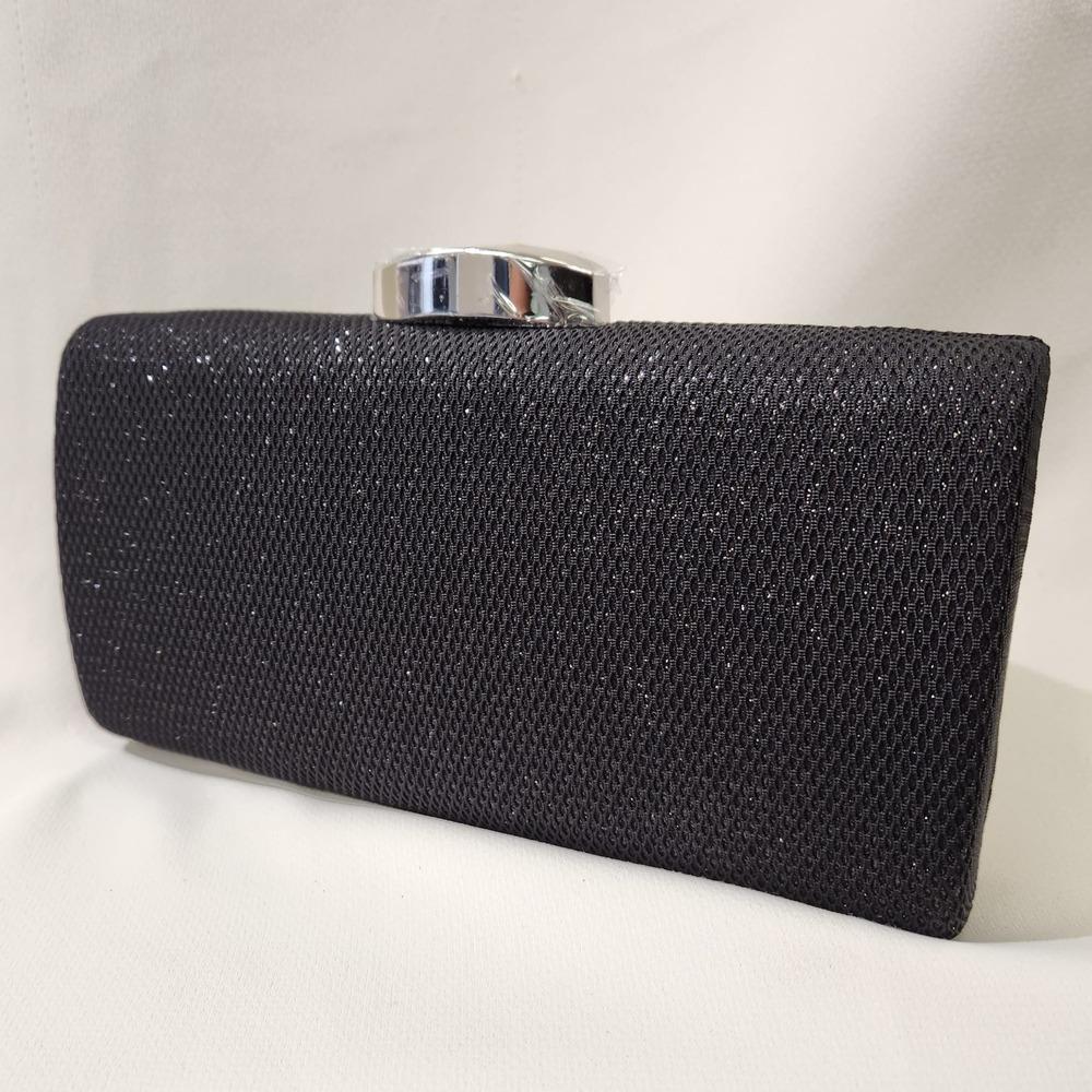 Elegant black shimmery party purse with clasp closure