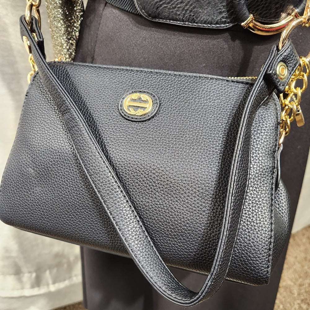 Another view of black side bag with two straps