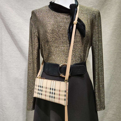 Beige side bag with plaid pattern and adjustable shoulder strap