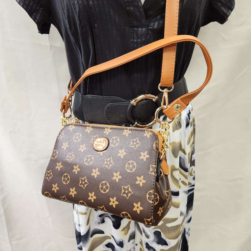 Alternative view of Brown and tan print side bag with multiple straps
