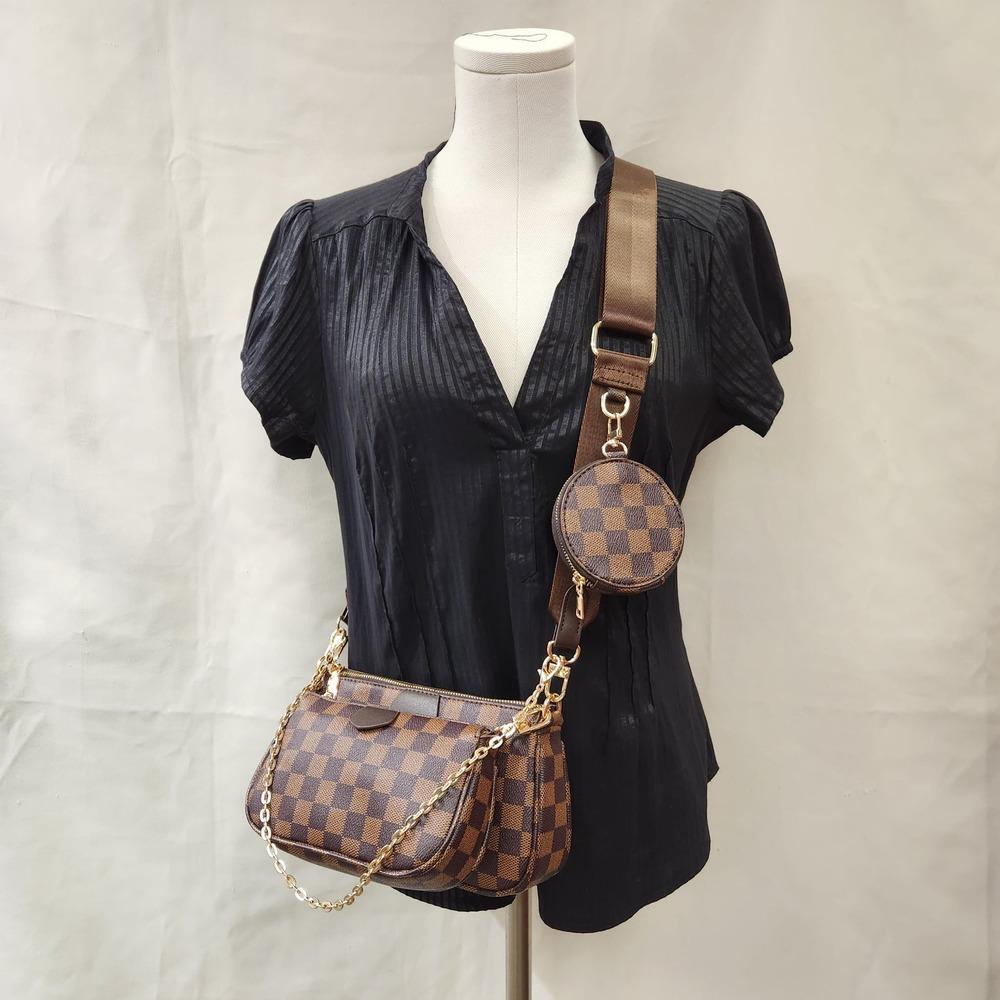 Full view of Three piece side bag set in brown checkered print 