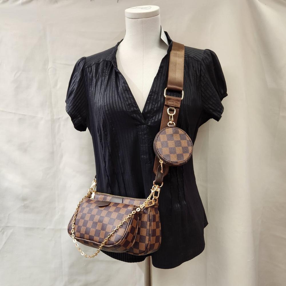 Another view of Three piece side bag set in brown checkered print 