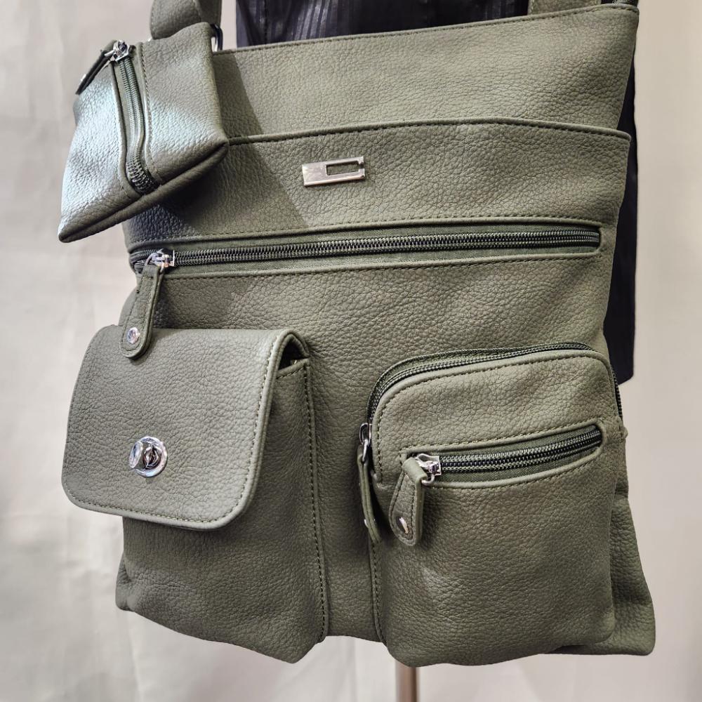 Another view of the front of Side bag in army green