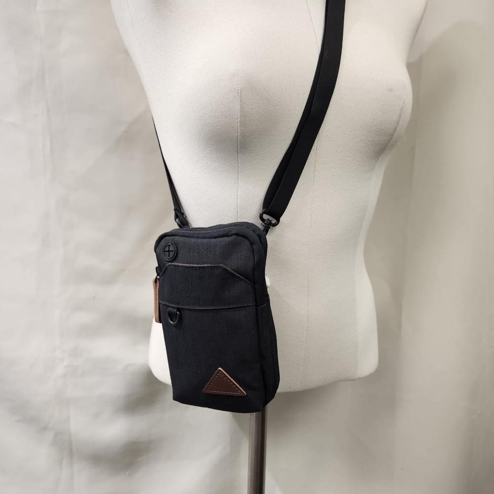 Front view of Black side bag with a belt loop