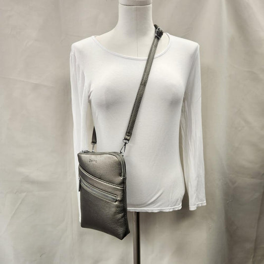 Small metallic grey colored side bag
