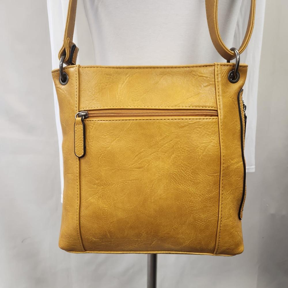 Detailed rear view of Messenger bag in light brownish yellow color