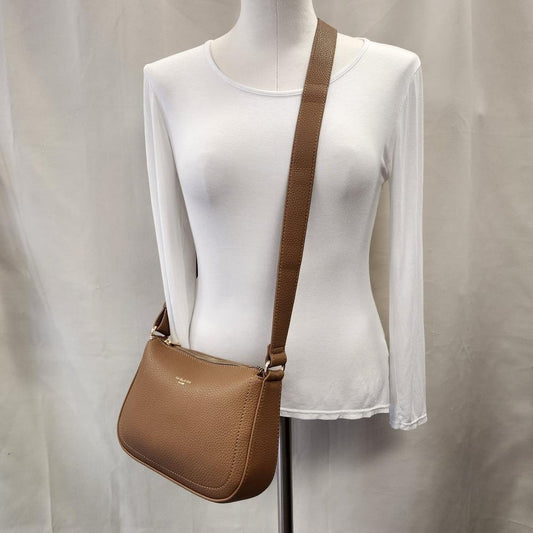 Full view of Dark beige side bag with zipper compartment