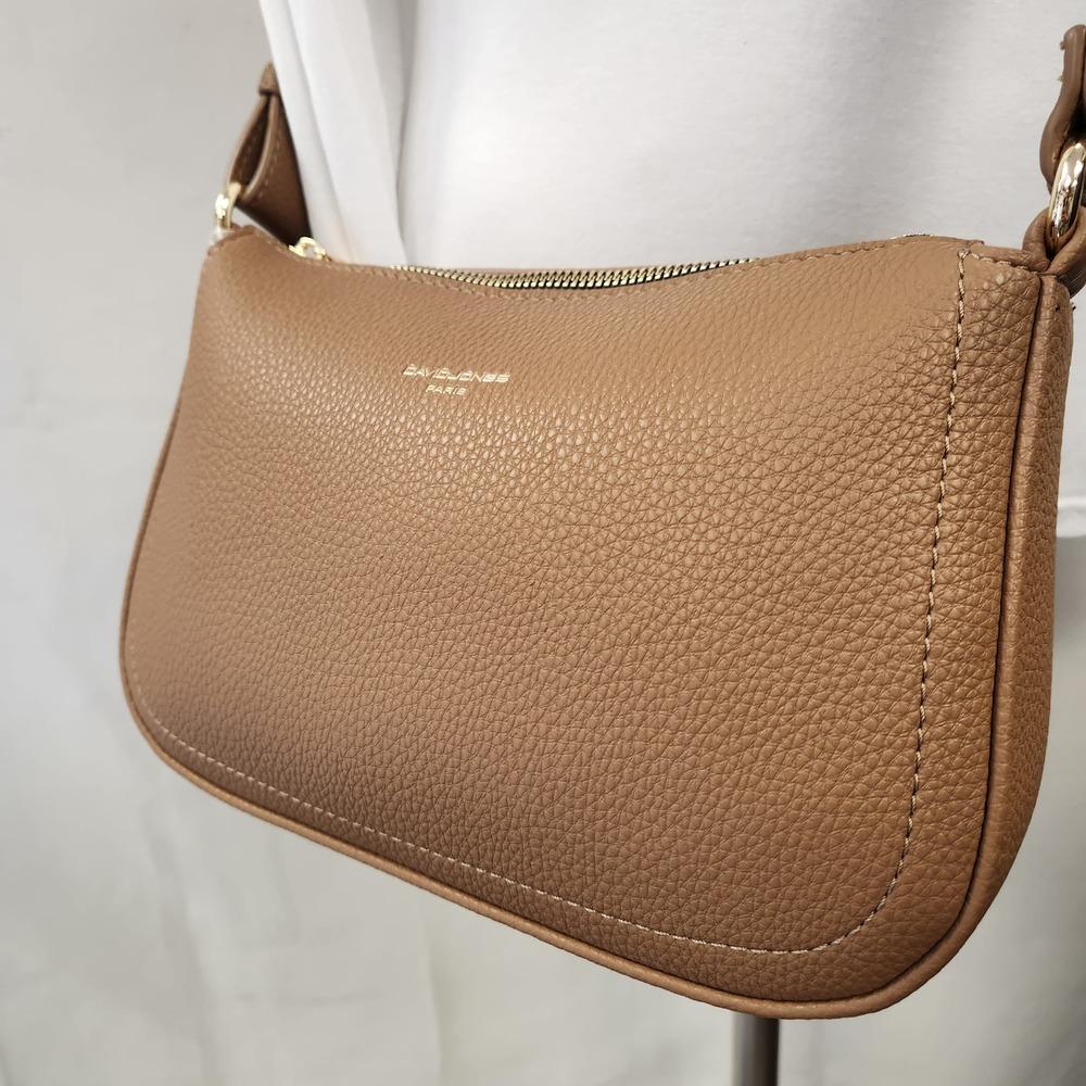 Detailed front view of Dark beige side bag with zipper compartment