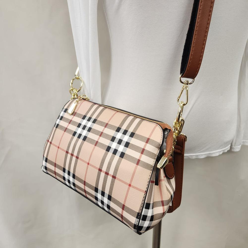 Alternative view of Plaid pattern side bag with brown straps