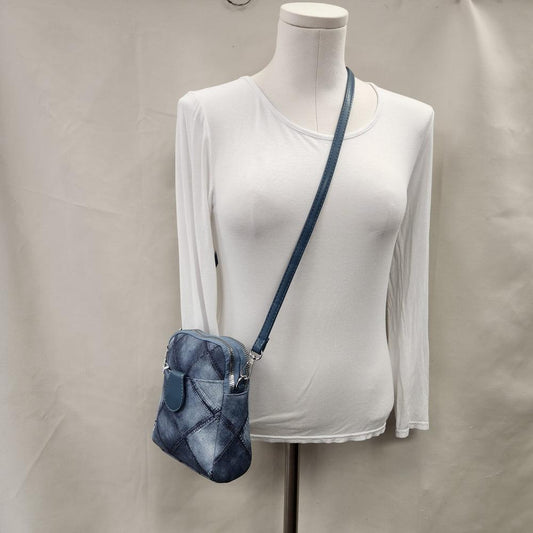 Grey blue jean print side bag with pockets