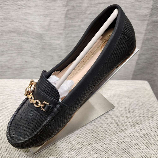 Black color flat shoes for women with gold buckle
