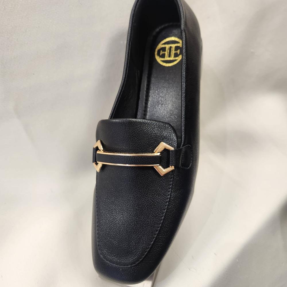 Fancy black flat shoes for women with gold trim 