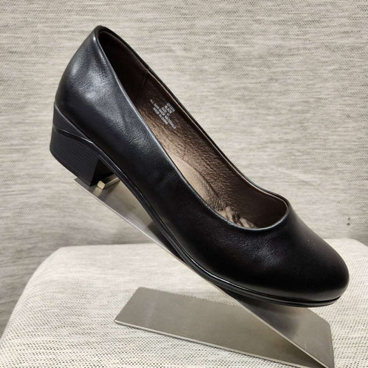 Side view of Black pumps with comfortable sole and short broad heel