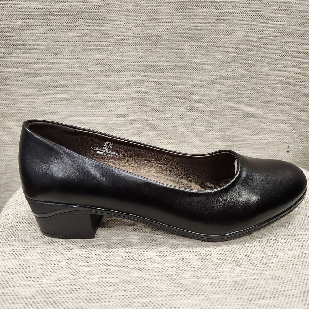 Another view of Black pumps with comfortable sole and short broad heel