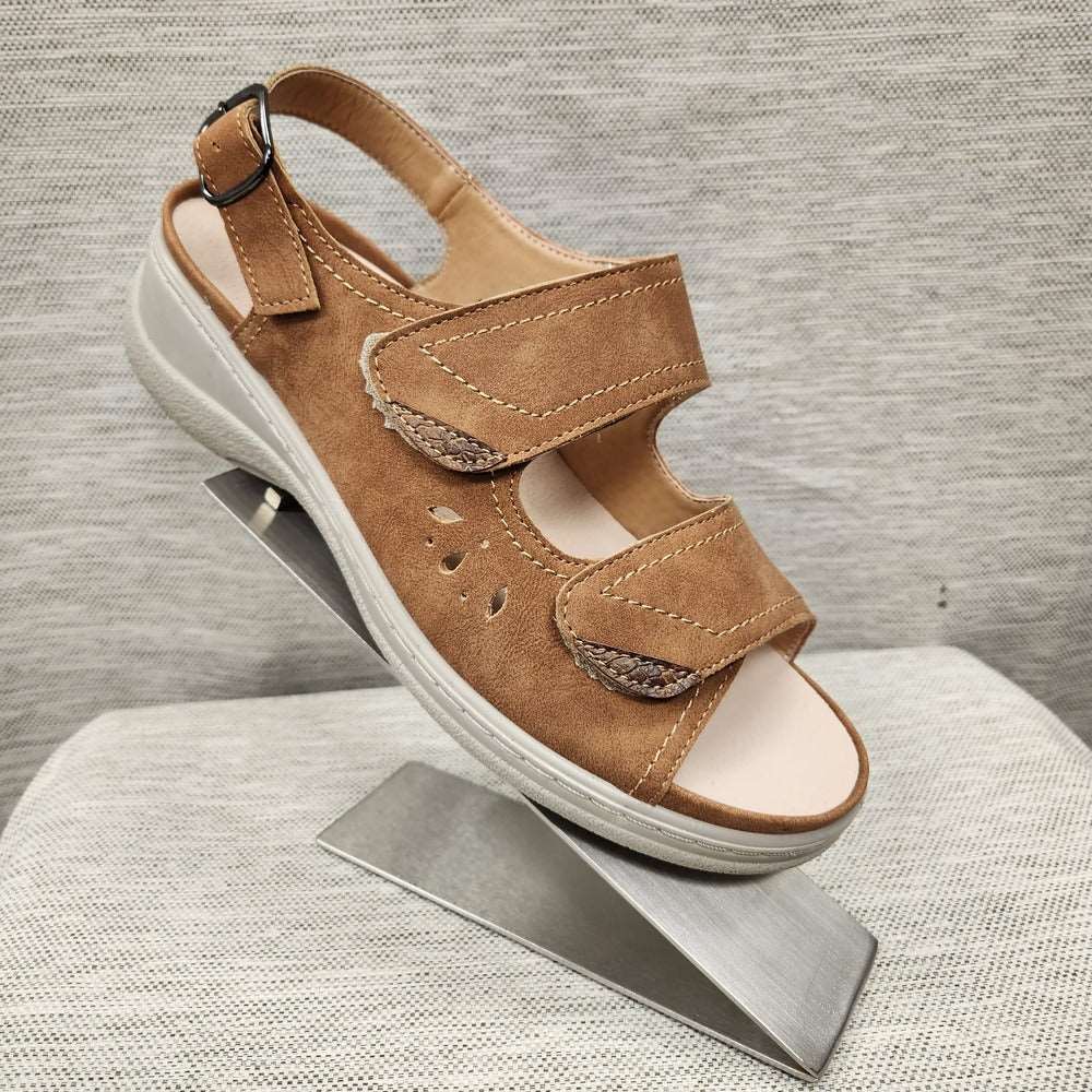 Side view of camel color orthopedic summer sandal with velcro closure