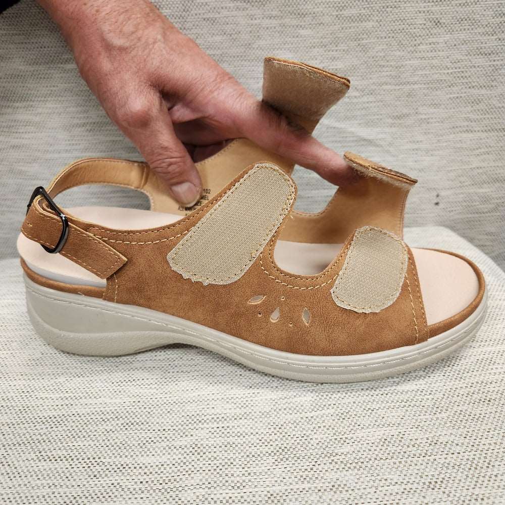 Velcro straps on camel color summer sandal