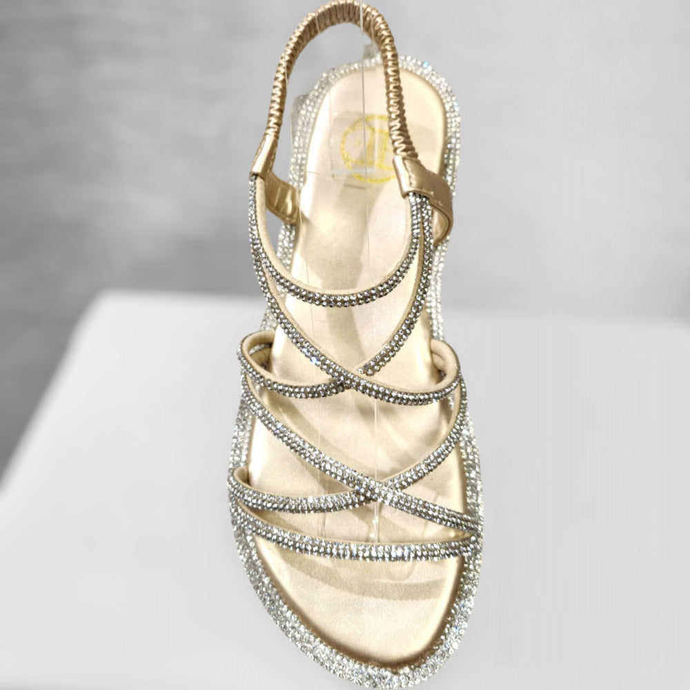Front view of Gold stone studded strappy summer sandals