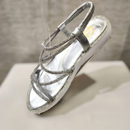 Side view of Silver stone studded strappy summer sandals