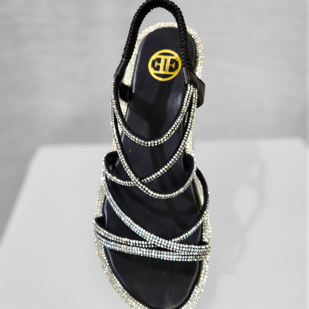 Front view black stone studded strappy summer sandals