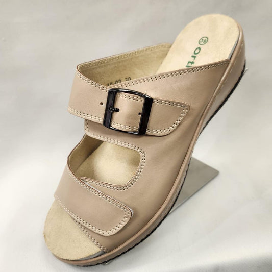 Beige slip on summer sandal with velcro closure