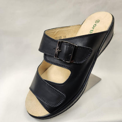 Black slip on summer sandal with velcro closure