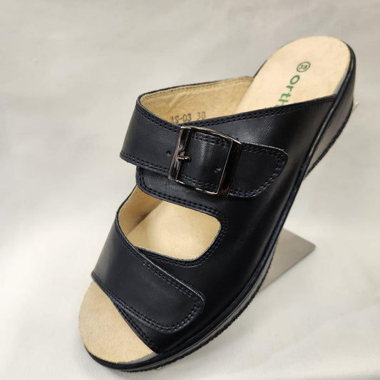 Black slip on summer sandal with velcro closure