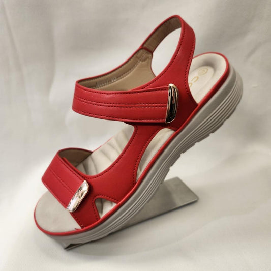 Red summer sandal with velcro closure and back strap