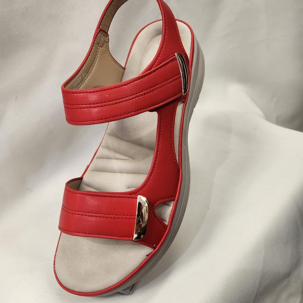 Front view of Red summer sandal with velcro closure and back strap 