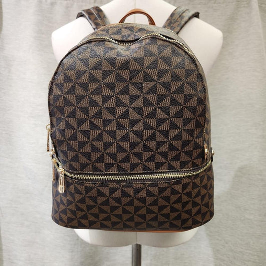 Multiple compartment printed backpack in shades of brown