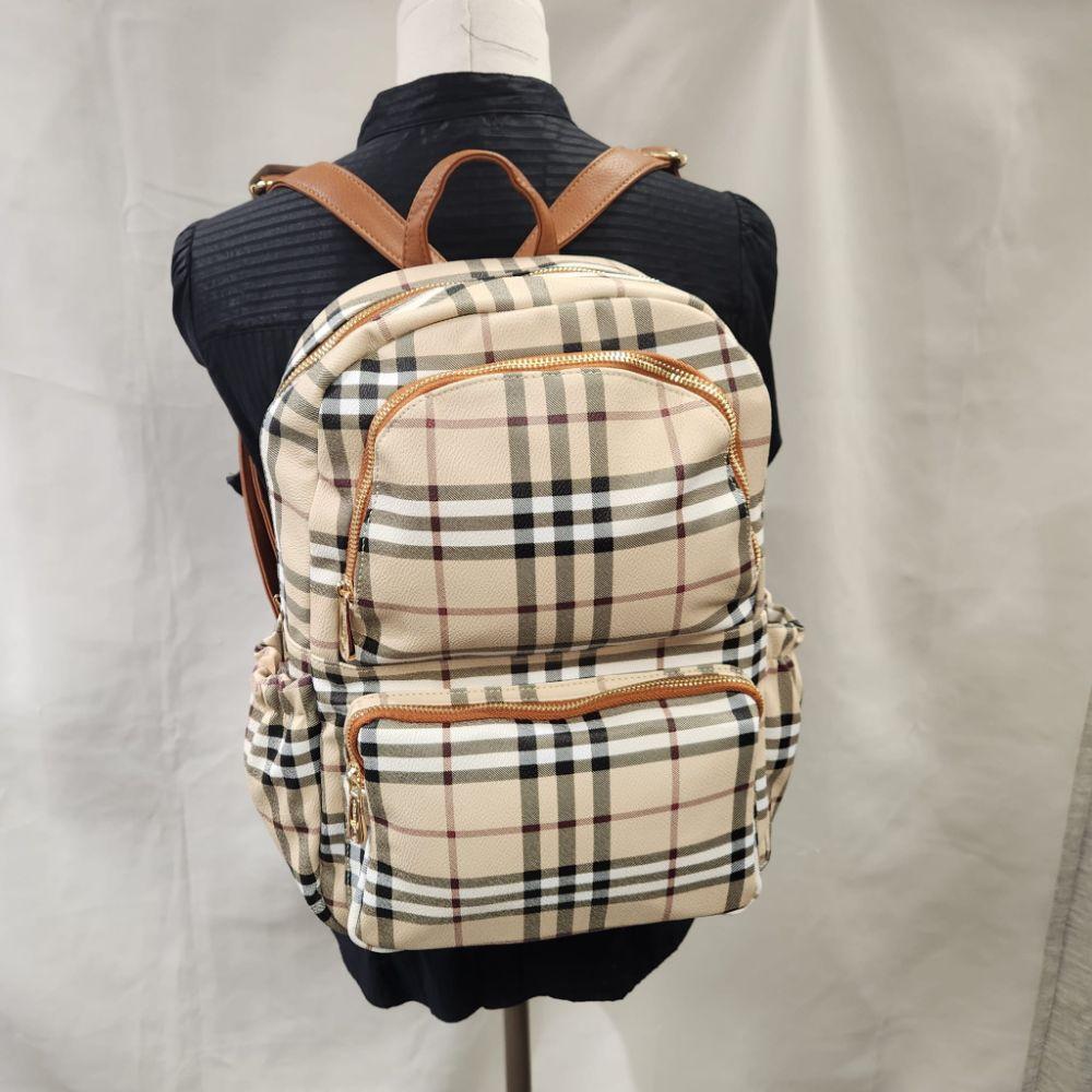 Multiple compartment plaid pattern backpack