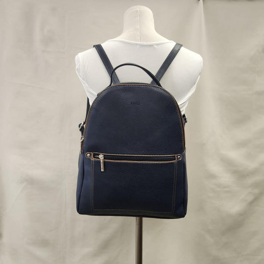 Full view of Roots backpack in blue with tan trim