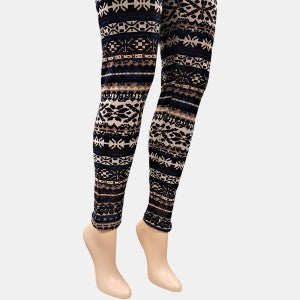 Printed leggings with fur lining in shades of brown, black, beige and blue