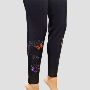 Leggings in black with beads and colorful butterfly applique on the side