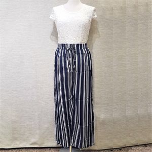 Full view of blue and white striped culottes