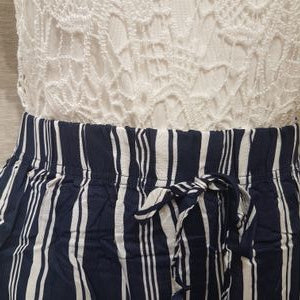 Waistband of blue and white striped culottes