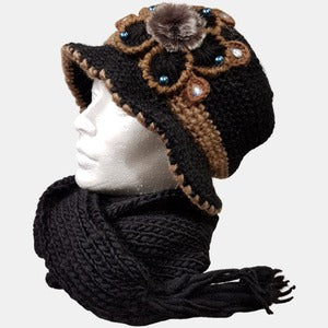 Winter scarf and cap in black and brown color combination