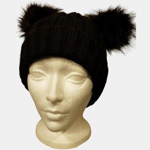 Winter woolen beanie in black with two Pom Poms