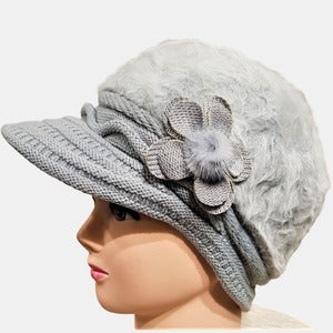 Winter peaked cap in grey with floral detail