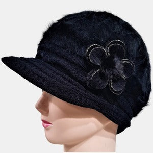 Winter woolen peaked cap in black with floral detail 
