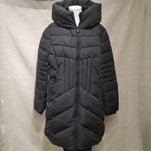 Front view of Hooded winter jacket in black color 