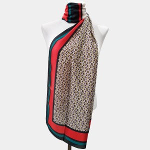 Printed silky scarf with black red and green border