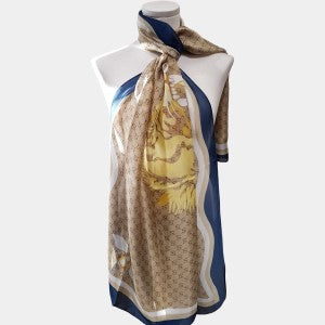 Printed silky scarf with blue beige and white border