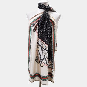 Silky scarf in black red green and white print