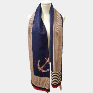Warm blue scarf with red and cream striped border